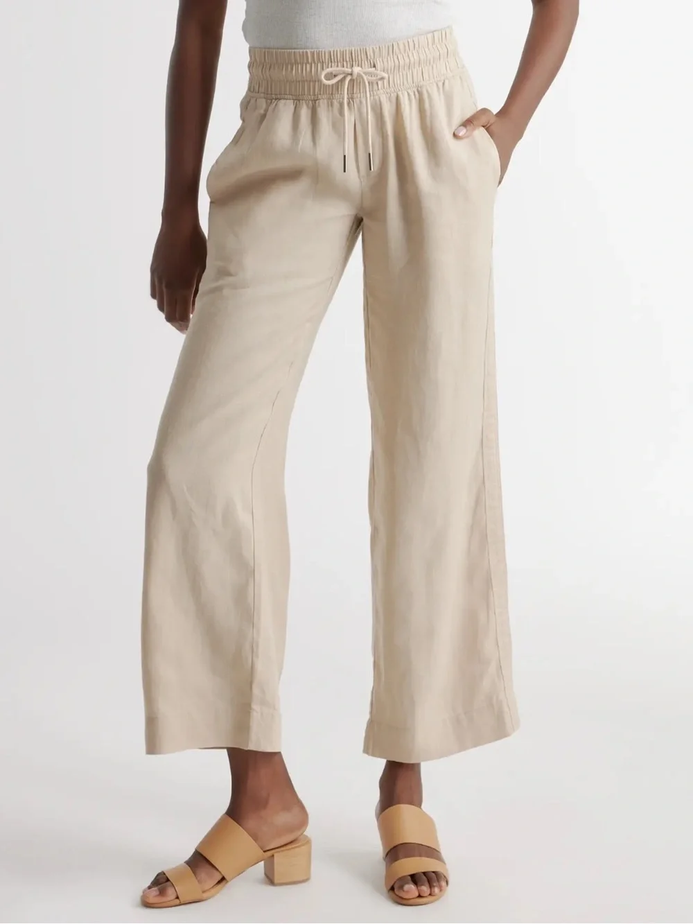 Quince Wide Leg 100% Linen Pants Size Large Tan Wide Elastic Drawstring Waist